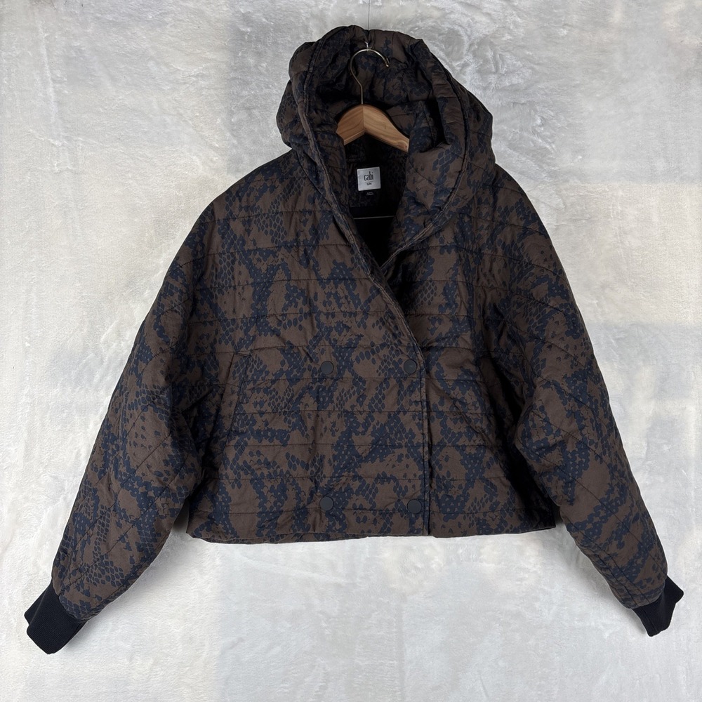 CAbi Women's S/M Wrap Up Puffer Jacket Snake Print Brown/Black Cozy Draped Hood